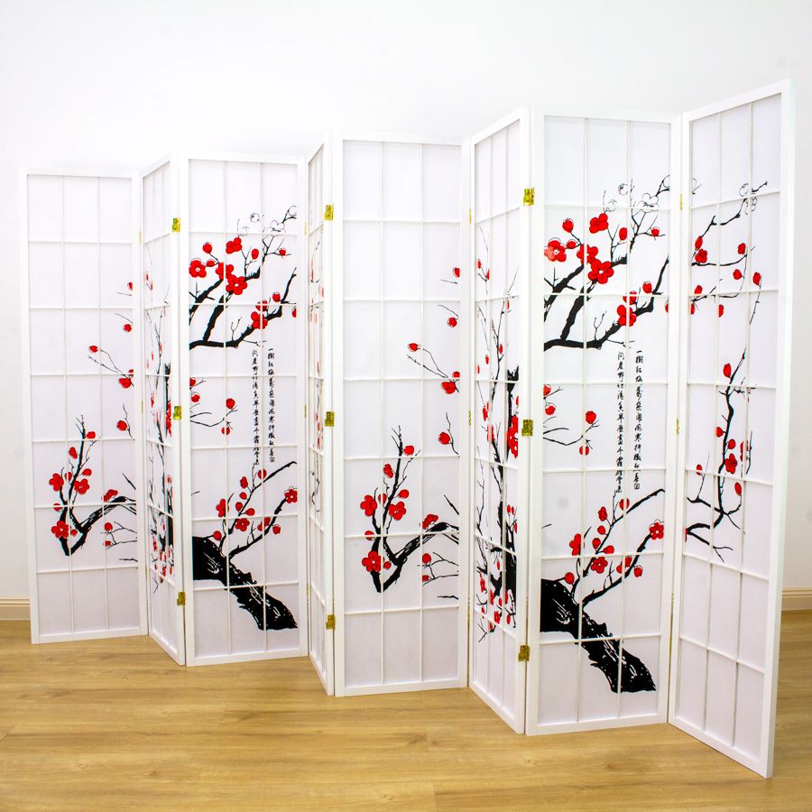 Cherry Blossom Room Divider Screen White 8 Panel